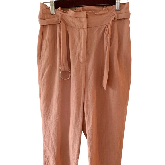 HAVE Paper Bag Pants Linen Blend Pink High Waist Belted Modern Beachy Size Small - Picture 2 of 8